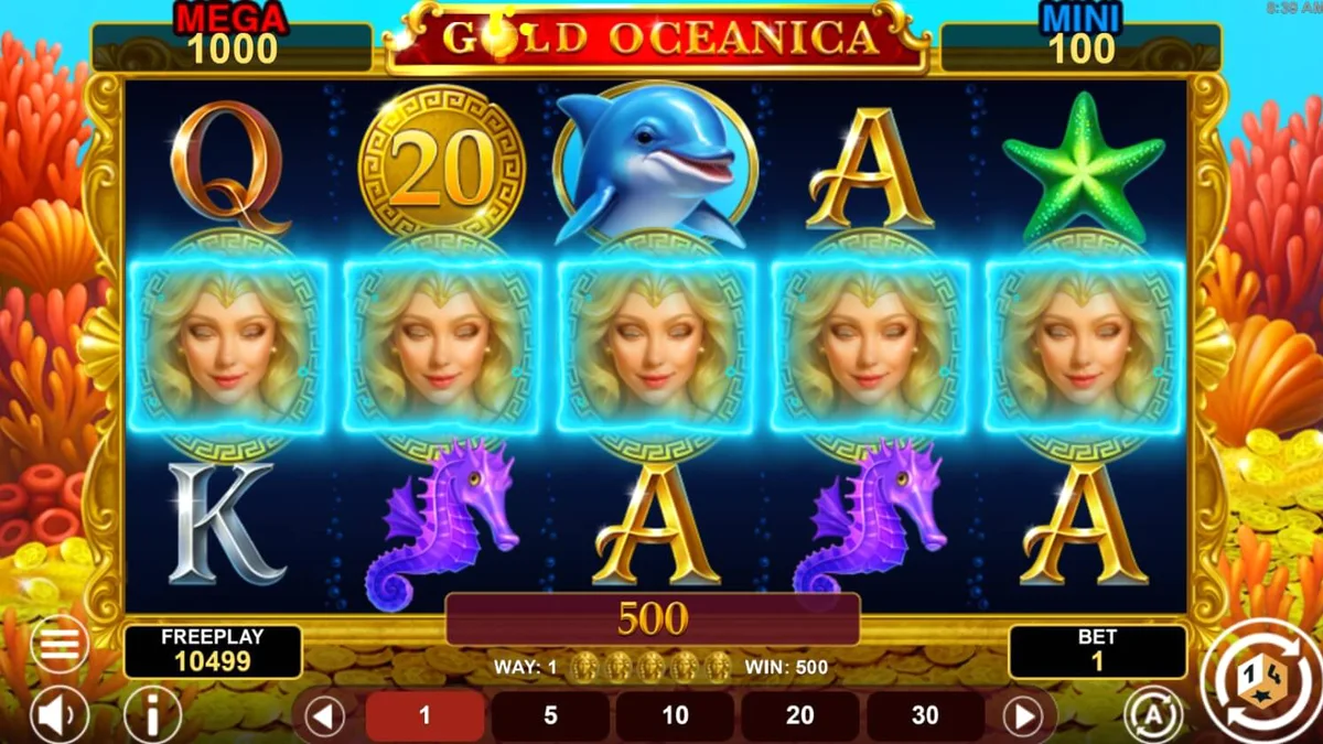 Tampilan antarmuka seluler slot Gold Oceanica dengan tema bawah laut