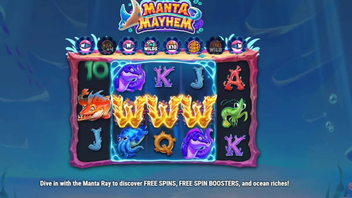 Tampilan visual slot Manta Mayhem dengan latar belakang terumbu karang yang indah