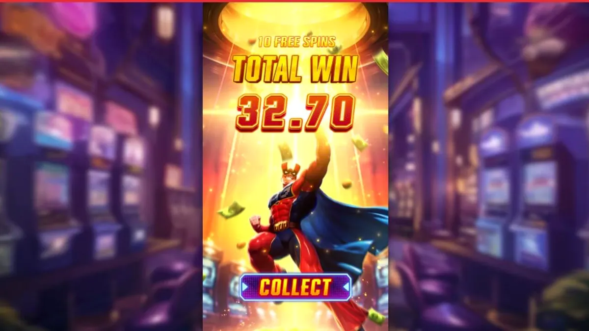Pahlawan super di depan latar belakang kota neon dalam slot Super Wildrix