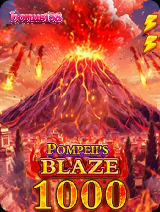 Tampilan visual slot Pompeii’s Blaze 1000 dengan latar belakang Gunung Vesuvius